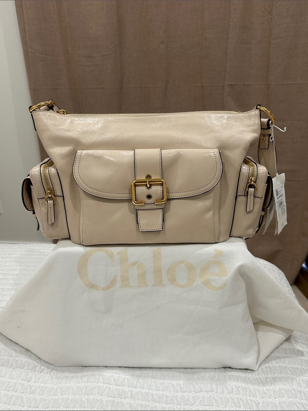 Beige Leather Shoulder Bag with Front Buckle